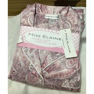 MISS ELAINE Size Medium Pajama PJ Set Pink Button Down L/S Polyester Blend NWT